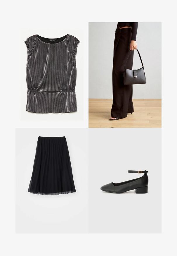 Metalna črna brezrokavnik z nabranim dizajnom, ovalnim izrezom in nabranim robom. Znamka "ANNA FIELD" je vidna znotraj.; Črna nabrana krilo iz prozorne tkanine, z elastičnim pasom. Tok raduje do dolžine do sredine meč, kar prikazuje vertikalne gube.; Črne usnjene pumpice z nazobčanimi prsti in nizko blokasto peto. Imajo trak okoli gležnja z zaponko v zlatem tonu. Gladka tekstura.; Črna torbica z strukturirano obliko, gladko teksturo in kovinskim zaponko. Ujemajo se z širokimi črnimi hlačami in odprtimi sandali na lesenem tleh.