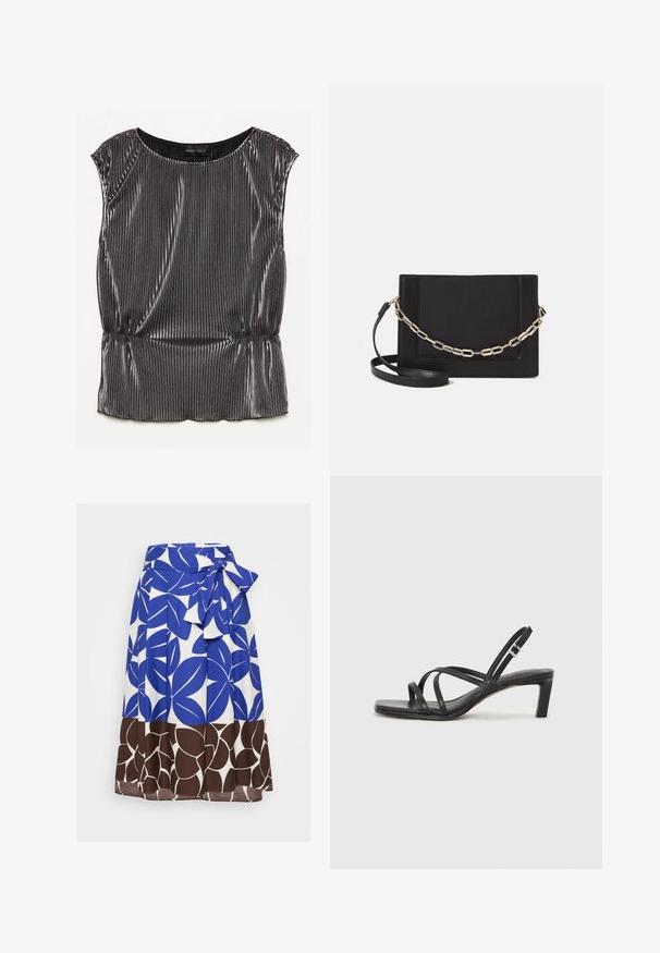 Metallic svart ermeløs topp med plissert design, rund hals og samlet nederkant. Merket "ANNA FIELD" synlig inni.; Blå og hvit skjørt med et dristig bladmønster, med en knyttet midjebånd og en brun blomstermønster i bunnsømmen. Laget av lett stoff.; Sorte sandaler med stropper, firkantet tå og lav blokk hæl. Har flere tynne stropper og en justerbar ankelstropp. Laget av glatt lær.; Svart lær crossbody-veske med glatt tekstur, rektangulær form og metallkjede detaljer på framsiden. Justerbar stroppe inkludert.