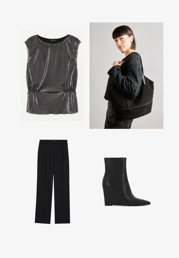 Fémes fekete ujjatlan blúz pliszézett mintával, kerek nyakkivágással és redőzött aljjal. A márkajelzés "ANNA FIELD" látható belül.; Fekete nadrág egyenes szárú kialakítással, két első zsebbel és derékrésszel. Simának és könnyű anyagból készült.; Fekete, wedge sarkú boka csizma textúrált bőrből; hegyes orral rendelkezik, sima és elegáns kialakítással, amely követi a kontúrokat.; Fekete, velúr anyagú tote táska sima felülettel, strukturált formával és kontrasztos varrással. Hosszú pántjai lehetővé teszik a vállon való hordást.