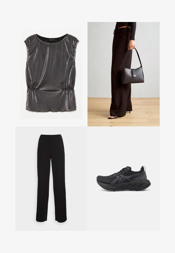Metalická černá bezramínková halenka s plisovaným designem, kulatým výstřihem a nařaseným lemem. Viditelná značka "ANNA FIELD" uvnitř.; Černé kalhoty s rovnou nohavicovou konstrukcí, hladkým povrchem a přiléhavým pasem. Obsahují přední kapsy a minimální šití.; ASICS NOVABLAST 4 - Silniční běžecké boty - black/graphite grey; Černá kabelka se strukturovaným tvarem, hladkým povrchem a kovovým uzávěrem. Kombinována s širokými černými kalhotami a sandály s otevřenou špičkou na dřevěné podlaze.