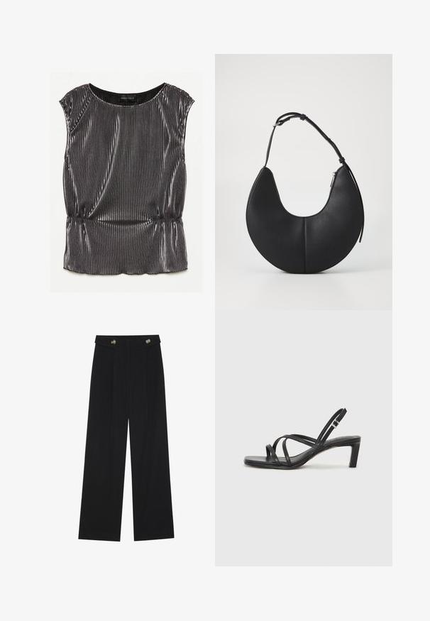 Top sem mangas preto metálico com um design plisado, decote arredondado e bainha franzida. Etiqueta da marca "ANNA FIELD" visível no interior.; Calças largas pretas com cintura alta, detalhes em botão na cintura e pregas frontais.; Sandal de tiras pretas com biqueira quadrada e um pequeno salto bloco. Apresenta várias tiras finas e uma tira no tornozelo ajustável. Feito de couro liso.; Bolsa de mão de couro preto em forma de meia-lua, com uma textura suave, uma alça ajustável e um fecho de zíper lateral.