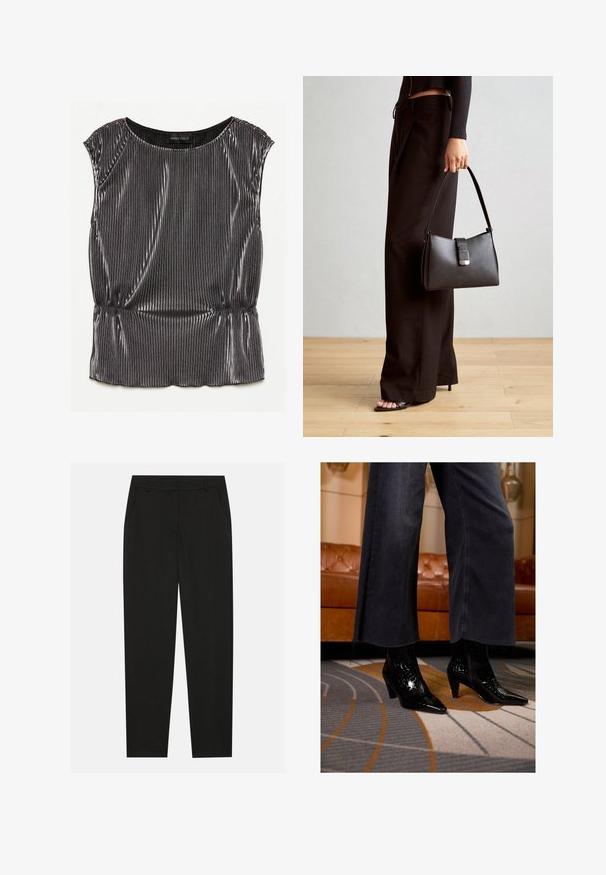 Metallisch schwarzes ärmelloses Top mit einem plisseeartigen Design, gerundetem Ausschnitt und gerafftem Saum. Markenlabel "ANNA FIELD" innen sichtbar.; Schwarze Hosen mit taillierter Passform, ausgestattet mit seitlichen Taschen und geradem Bein. Hergestellt aus glattem, leichtem Stoff mit einem eleganten Finish.; Schwarze spitze Ankle-Boots mit strukturiertem Finish, die unter ausgefransten schwarzen weit geschnittenen Hosen auf einem gemusterten Teppich getragen werden.; Schwarze Handtasche mit strukturierter Form, glatter Textur und einem metallischen Verschluss. Kombiniert mit weiten schwarzen Hosen und offenen Sandalen auf einem Holzboden.