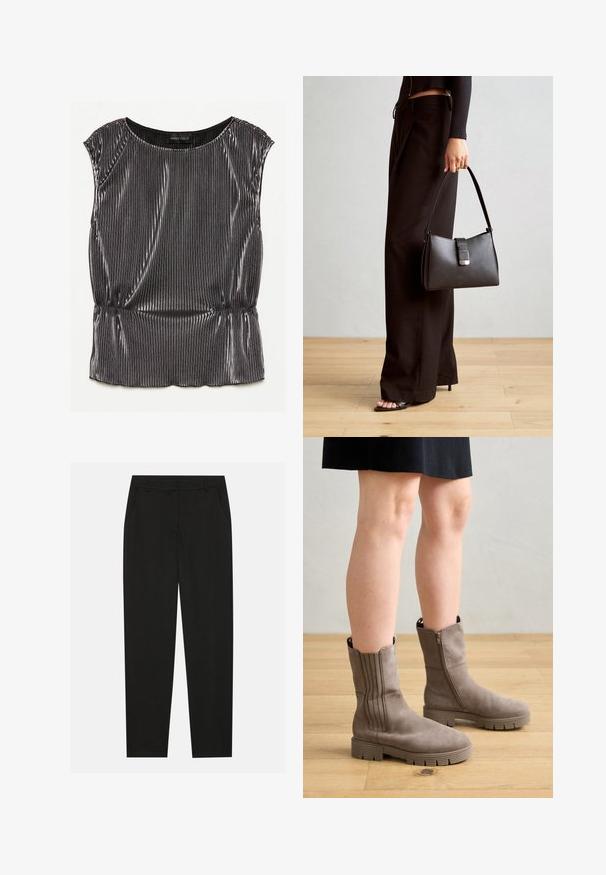 Metalická čierna bezrukávová blúzka s plisovaným dizajnom, zaobleným výstrihom a zberným lemom. Viditeľná značka "ANNA FIELD" vo vnútri.; Čierne nohavice s prispôsobeným dizajnom, so bočnými vreckami a rovnou nohavicou. Vyrobené z hladkej, ľahkej tkaniny s elegantným vzhľadom.; Taupe členkové čižmy s hladkým semišovým povrchom, ktoré majú vertikálne švy, bočný zips a masívnu gumovú podrážku.; Čierna kabelka so štruktúrovaným tvarom, hladkou textúrou a kovovou sponou. V kombinácii so širokými čiernymi nohavicami a sandálmi s otvorenou špičkou na drevenej podlahe.