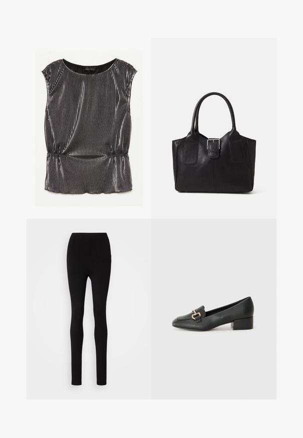 Metallic svart ermeløs topp med plissert design, rund hals og samlet nederkant. Merket "ANNA FIELD" synlig inni.; Sorte leggings med slim passform, høy midje og glatt stoff. Ingen synlige sømmer eller mønstre, med et enkelt og minimalistisk design.; Sorte skinnloafers med flat hæl, med dekorativ detalj i gull foran og en jevn tekstur.; Svart skinn toteveske med jevn tekstur, strukturert form, to håndtak og en fremtredende sølvspenne foran.