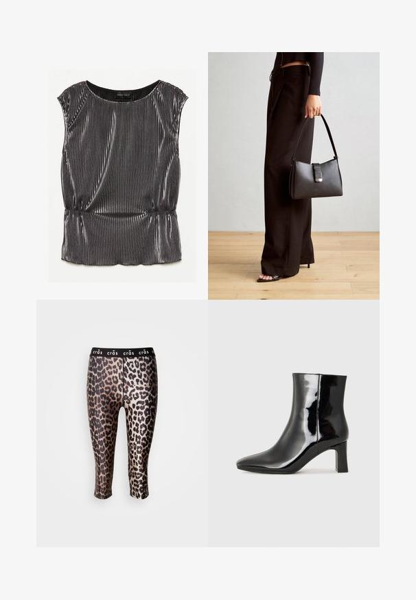 Metalinė juoda be rankovių palaidinė su raukšlėtu dizainu, apvaliu iškirpimu ir susiraukšlėjusiu apatiniu kraštu. Viduje matomas prekės ženklas "ANNA FIELD".; Pasagos kelnes, pagamintos iš tamprių medžiagų, su juodu ir auksiniu leopardų raštu bei juodu elastingu juosmeniu.; Juodos lakuotos odinės aulinukės su smailiu pirštu ir vidutinio aukščio blokuotu kulnu. Lygus paviršius ir minimalistinis dizainas.; Juodas rankinė struktūrizuota forma, lygi tekstūra ir metalinis užsegimas. Suporuota su plačiomis juodomis kelnėmis ir atvirais bateliais ant medinių grindų.
