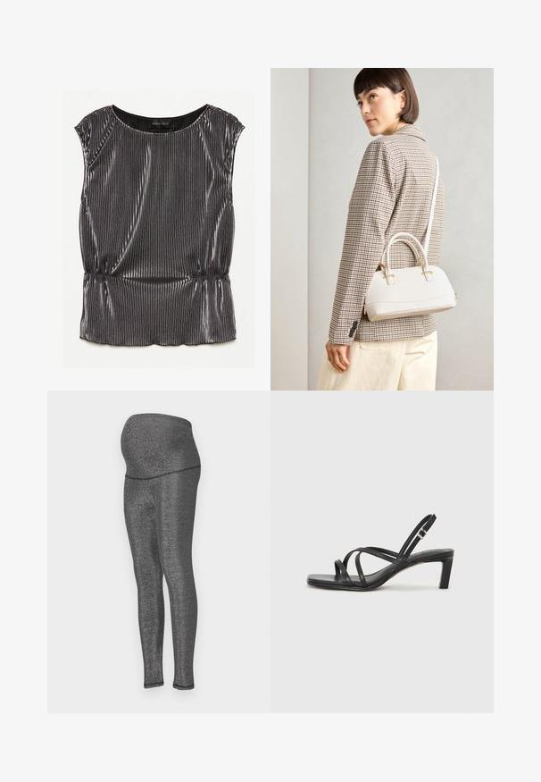 Metallic black sleeveless top with a pleated design, rounded neckline, and gathered hem. Brand label "ANNA FIELD" visible inside.; Maternity leggings in stretchy, metallic black fabric. High waistband designed for comfort, sleek fit through legs, with a smooth texture.; Black strappy sandal with a square toe and a low block heel. Features multiple thin straps and an adjustable ankle strap. Made of smooth leather.; White structured handbag with short handles and a shoulder strap, featuring gold hardware accents and textured material, displayed against a grey background.