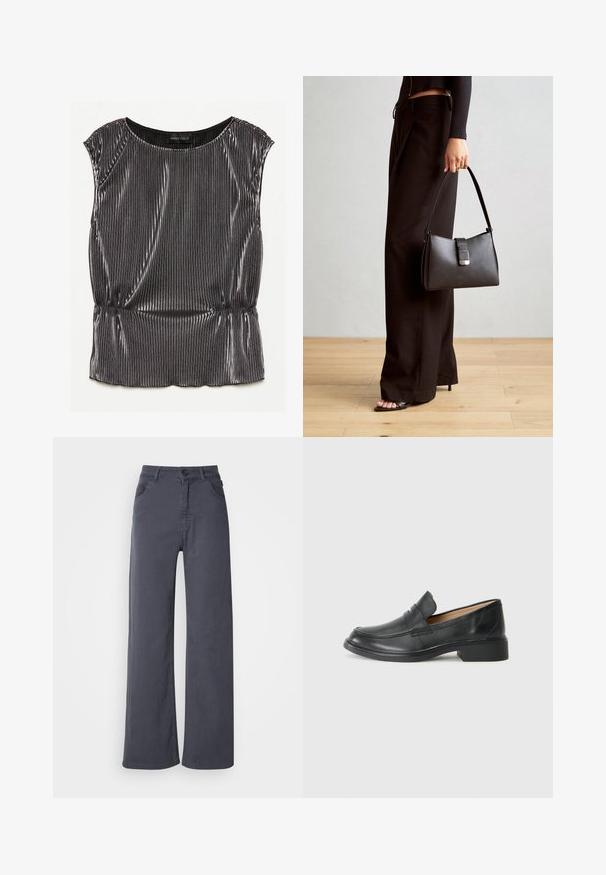 Metallic black sleeveless top with a pleated design, rounded neckline, and gathered hem. Brand label "ANNA FIELD" visible inside.; Dark gray straight-leg pants with front pockets, belt loops, and a button and zipper closure on a white background.; Black leather loafer with a low heel, featuring a stitched design and slip-on style, set against a plain white background.; Black handbag with structured shape, smooth texture, and a metallic clasp. Paired with wide black pants and open-toe sandals on wooden floor.