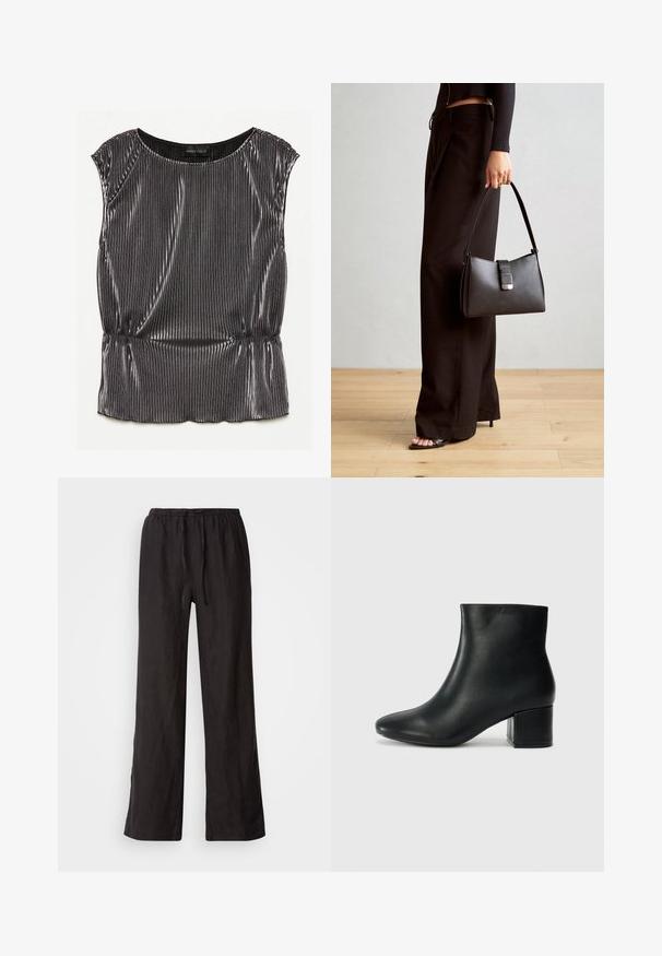 Haut sans manches noir métallique avec un design plissé, encolure arrondie et ourlet froncé. Étiquette de la marque "ANNA FIELD" visible à l'intérieur.; Pantalons noirs amples avec une taille élastique et un cordon de serrage. Fabriqués dans un tissu léger avec une texture lisse et des jambes droites.; Bottines en cuir noir avec un bout pointu et un talon épais. Texture lisse avec des accents minimalistes et un design élégant et ajusté.; Sac à main noir à la forme structurée, texture lisse et fermoir métallique. Associé à un pantalon noir ample et des sandales ouvertes sur un sol en bois.