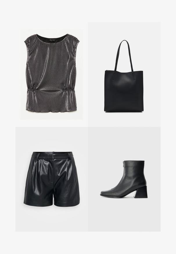 Fémes fekete ujjatlan blúz pliszézett mintával, kerek nyakkivágással és redőzött aljjal. A márkajelzés "ANNA FIELD" látható belül.; Fekete bőr rövidnadrág sima textúrával, szabott kialakítással, elől pliszírozással és illeszkedő derékkal.; Fekete bőr bokacsizma négyzetes orral, oldalsó cipzárral és tömbsarkal, egyszínű világos háttér előtt.; Fekete bőrtáska sima felszínnel, téglalap alakú, két hosszú füllel. Nincs látható fémkiegészítő vagy díszítés.