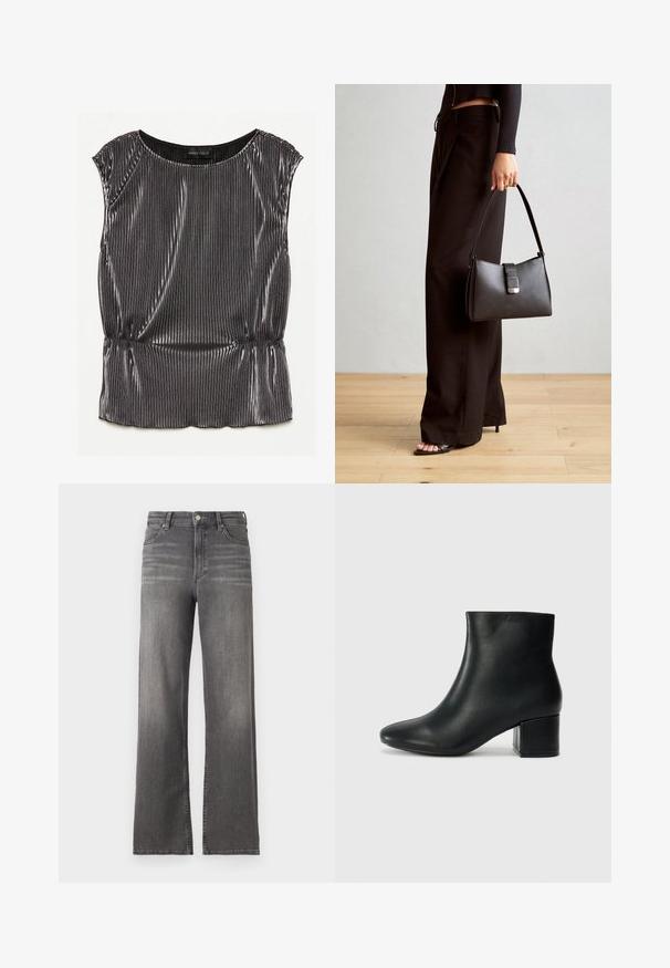 Metallic black sleeveless top with a pleated design, rounded neckline, and gathered hem. Brand label "ANNA FIELD" visible inside.; Mid-rise gray denim wide-leg jeans with subtle fading, classic five-pocket design, and metal button closure. Regular hem length.; Black leather ankle boots with a pointed toe and a chunky heel. Smooth texture with minimal accents and a sleek, fitted design.; Black handbag with structured shape, smooth texture, and a metallic clasp. Paired with wide black pants and open-toe sandals on wooden floor.