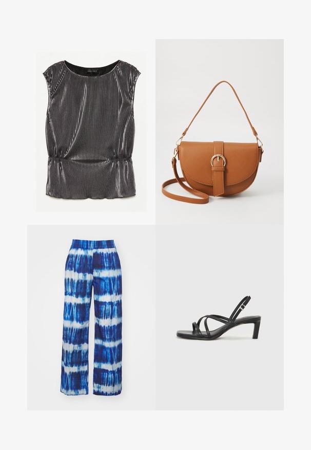 Fémes fekete ujjatlan blúz pliszézett mintával, kerek nyakkivágással és redőzött aljjal. A márkajelzés "ANNA FIELD" látható belül.; Bőszárú nadrág kék és fehér batikolt mintával, rugalmas derékrésszel. Könnyű, légáteresztő anyagból készült.; Fekete pántos szandál négyzetes orral és alacsony blokk sarkal. Több vékony pánttal és állítható boka pánttal rendelkezik. Sima bőrből készült.; Barna bőr keresztbody táska ívelt formával, aranyszínű fémrészekkel és csat díszítéssel. Levehető vállpánttal rendelkezik.