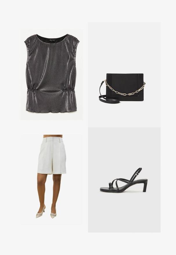 Top metalic negru fără mâneci, cu un design plisat, gât rotund și tiv strâns. Eticheta brandului "ANNA FIELD" este vizibilă în interior.; Shorts bej din in cu un design tailored, având două pliseuri în față și buzunare laterale. Asortați cu pantofi cu toc înalt, cu vârf ascuțit și dungi.; Sandal cu barete negre, cu vârf pătrat și toc mic de bloc. Prezintă mai multe barete subțiri și o bareta ajustabilă la gleznă. Fabricat din piele netedă.; Geantă de umăr din piele neagră, cu o textură netedă, formă rectangulară și un detaliu din lanț metalic în față. Include curea reglabilă.