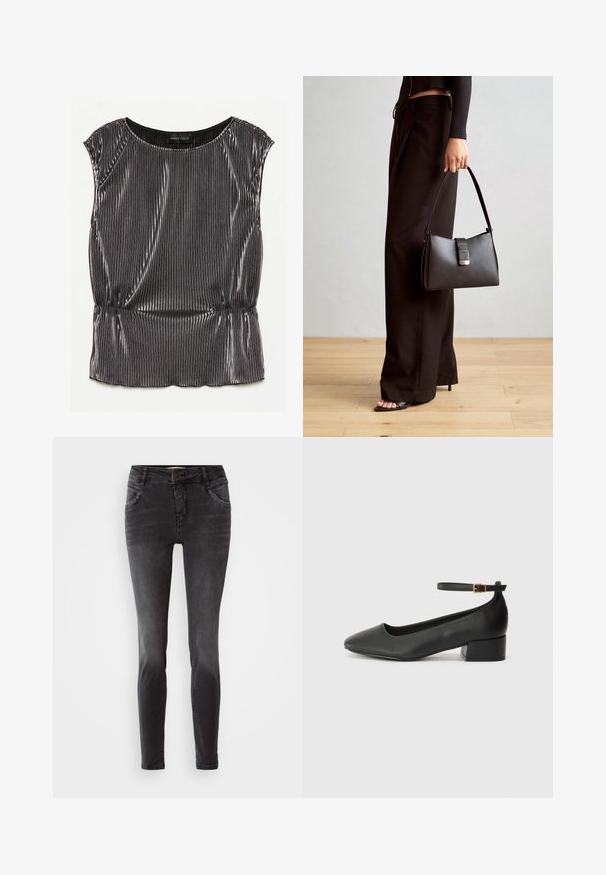 Metallic black sleeveless top with a pleated design, rounded neckline, and gathered hem. Brand label "ANNA FIELD" visible inside.; Black skinny jeans made of denim, featuring a front button closure, studded details on pockets, and a smooth texture.; Black leather pump with a pointed toe and a low block heel. Features an ankle strap with a gold-tone buckle. Smooth texture.; Black handbag with structured shape, smooth texture, and a metallic clasp. Paired with wide black pants and open-toe sandals on wooden floor.
