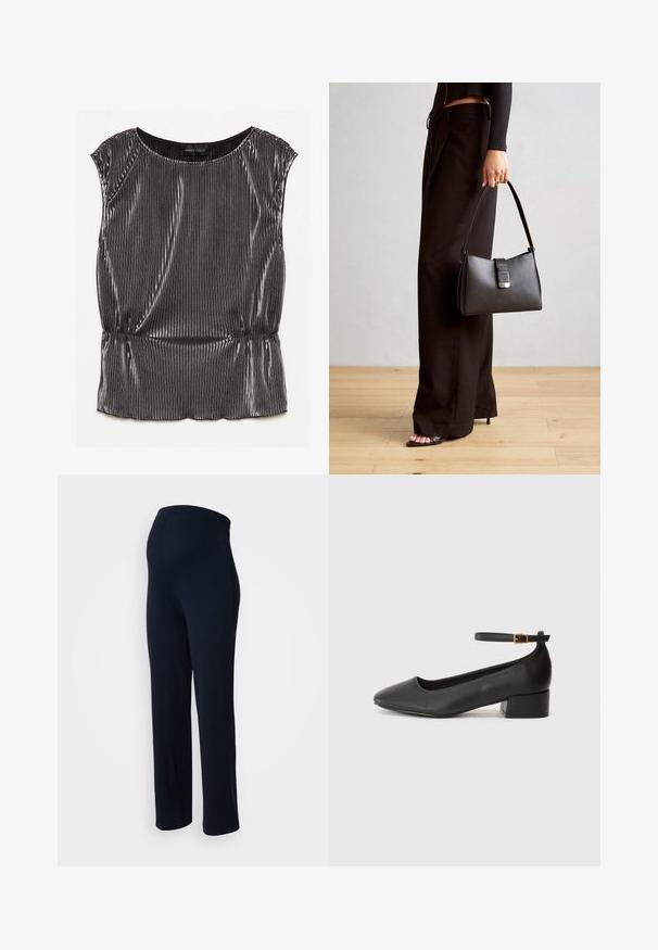 Metallisch zwarte mouwloze top met een geplooid ontwerp, een ronde halslijn en een verzamelde zoom. Merkenlabel "ANNA FIELD" zichtbaar aan de binnenkant.; Navyblauwe stretchbroek met een gladde textuur, elastische tailleband en recht model, zonder zichtbare hardware of patronen.; Zwarte leren pump met een spitse neus en een lage blokhak. Beschikt over een enkelband met een goudkleurige gespsluiting. Gladde textuur.; Zwarte handtas met gestructureerde vorm, gladde textuur en een metalen sluiting. Gecombineerd met brede zwarte broeken en sandalen met open teen op een houten vloer.