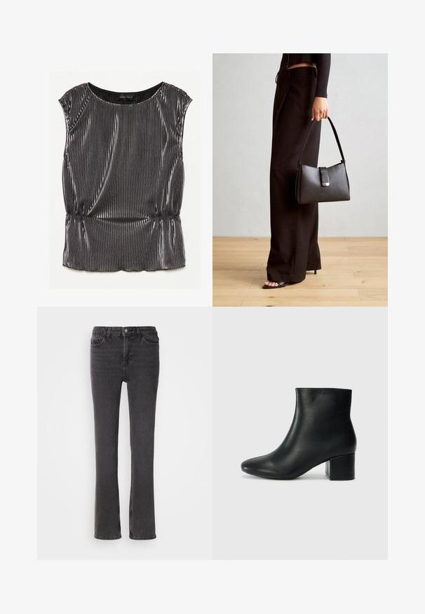 Metalická čierna bezrukávová blúzka s plisovaným dizajnom, zaobleným výstrihom a zberným lemom. Viditeľná značka "ANNA FIELD" vo vnútri.; Čierne džíny z denimu s rovnom strihom, ktoré majú predné vrecká, zips a jemné švy. Tkanina má jemnú textúru.; Čierne kožené členkové čižmy s špicatou špičkou a hrubým podpätkom. Hladká textúra s minimálnymi akcentmi a elegantným, priliehavým dizajnom.; Čierna kabelka so štruktúrovaným tvarom, hladkou textúrou a kovovou sponou. V kombinácii so širokými čiernymi nohavicami a sandálmi s otvorenou špičkou na drevenej podlahe.