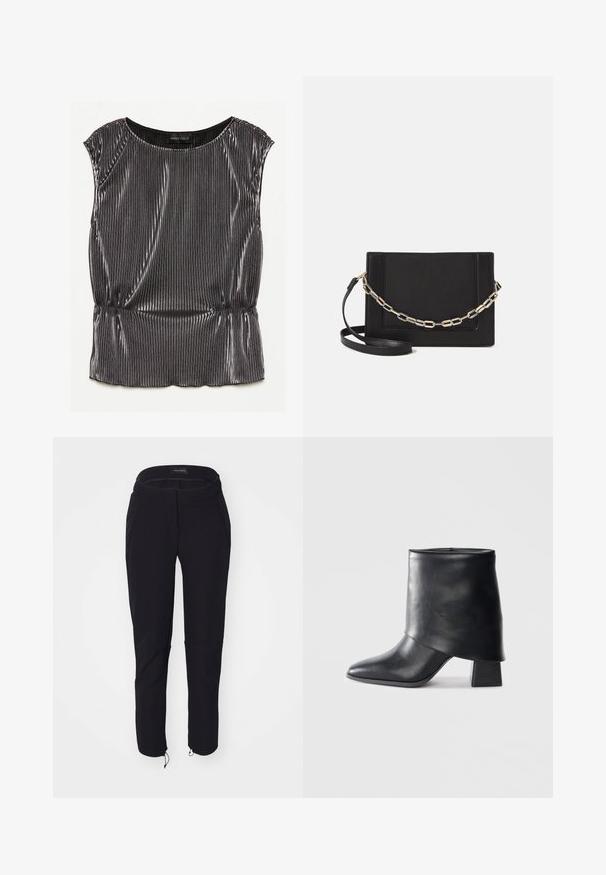 Top metalic negru fără mâneci, cu un design plisat, gât rotund și tiv strâns. Eticheta brandului "ANNA FIELD" este vizibilă în interior.; Pantaloni negri cu o textură netedă, având un design ajustat, talie elastică, două buzunare și manșete ajustabile cu șnururi.; Botine din piele neagră cu vârf ascuțit, textură netedă și toc bloc structurat. Prezintă un design cu manșetă înaltă și pliată.; Geantă de umăr din piele neagră, cu o textură netedă, formă rectangulară și un detaliu din lanț metalic în față. Include curea reglabilă.