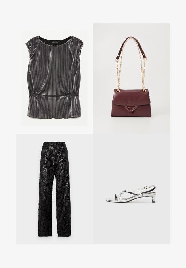 Metallisch zwarte mouwloze top met een geplooid ontwerp, een ronde halslijn en een verzamelde zoom. Merkenlabel "ANNA FIELD" zichtbaar aan de binnenkant.; Zwarte pailletten broek met brede pijpen en een gestructureerd oppervlak, voorzien van verticale strepen en een ontspannen pasvorm, wat een glinsterende uitstraling biedt.; Zilveren metalen slingback sandaal met een lage hak, voorzien van kruislings banden en een gladde textuur. Minimalistisch design.; Bordeaux lederen handtas met een opklapbare klep, voorzien van een gouden kettingriem en een driehoekig metalen accent aan de voorkant. Soepele textuur.