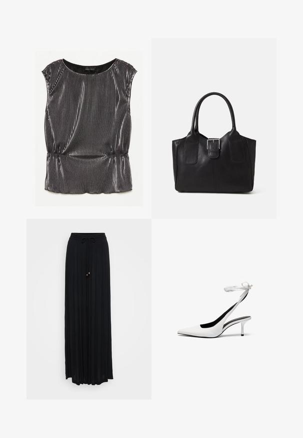 Fémes fekete ujjatlan blúz pliszézett mintával, kerek nyakkivágással és redőzött aljjal. A márkajelzés "ANNA FIELD" látható belül.; Fekete, pliszírozott maxi szoknya, húzózsinórral a derékrészen, könnyű anyagból készült, arany kiegészítőkkel a húzózsinór végén.; Fehér, hegyes orrú, hátsó pánttal ellátott magassarkú cipők vékony boka pánttal. Finom bőrből készült, vékony tűsarkú, és fekete belső béléssel rendelkezik.; Fekete bőr bevásárlótáska sima textúrával, strukturált formával, két fogantyúval és egy figyelemfelkeltő ezüst csattal az elején.