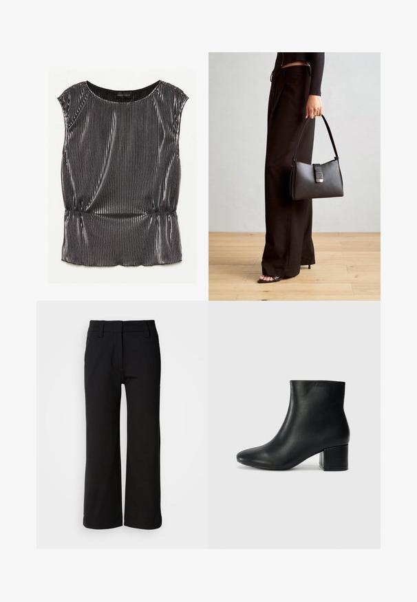 Metalliseeritud must ilma varrukateta särk, millel on volditud disain, ümar kaelus ja kogutud äär. Brändi silt "ANNA FIELD" on nähtav seest.; Mustad laiad püksid, mis on valmistatud siledast kangast. Omavad lõike ees lamefronti, vööde jaoks silmuseid ning puhta hemmi, ilma taskute või nähtavate kinnitusteta.; Mustad nahast pahkluu saapad terava varbaga ja jämeda kandaga. Sile tekstuur minimaalse aktsentidega ja stiilne, lihvitud disain.; Must musta kott, millel on struktureeritud kuju, sile tekstuur ja metallist klamber. Kombineeritud laiate mustade pükstega ja avatud varvaste sandaalidega puidust põrandal.
