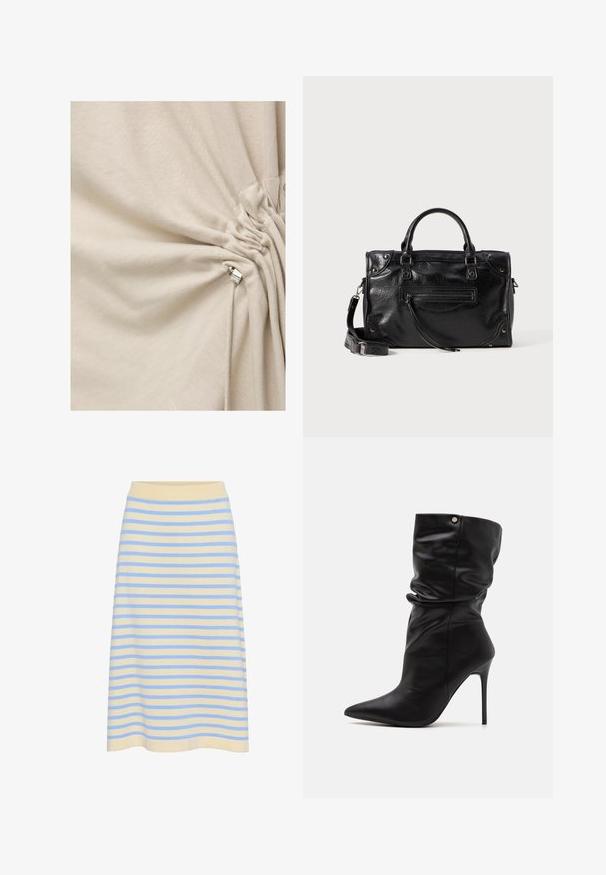 Krämfärgad tyg som är rynkad och åtdragen med en silverfärgad metallkordlåsmekanism på en dragsnodd.; Randig midi kjol i mjuk bomull med en ljusgul botten och blå horisontella ränder. Har ett ribbat elastiskt midjeband.; Even&Odd Wide Fit Klassiska stövletter - black; Svart läderhandväska med två korta handtag och ett avtagbart axelband. Har en framfickan med dragkedja och metallaccenter. Texturerad yta.