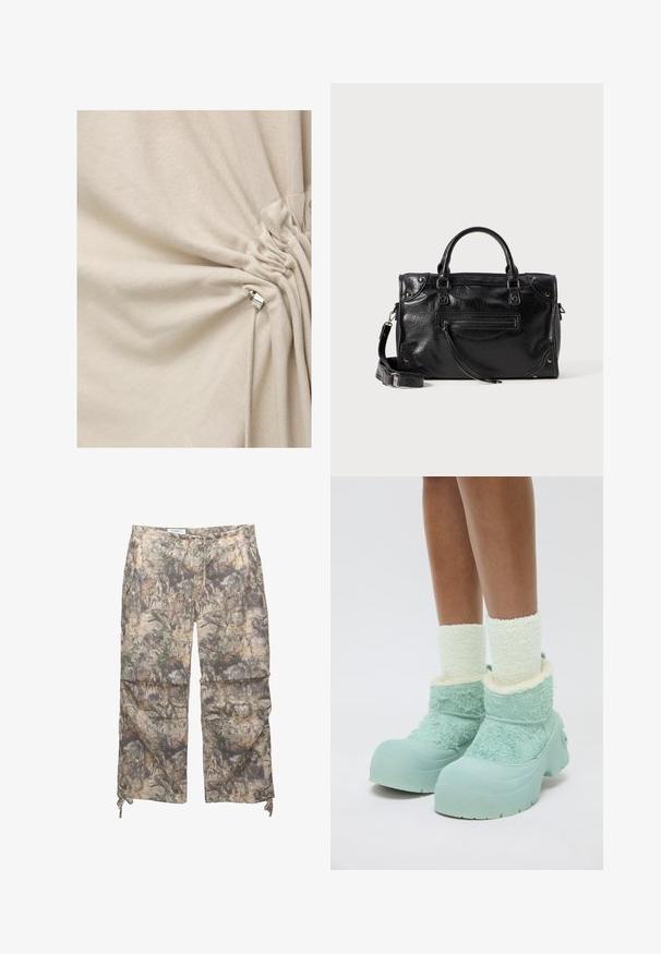 Kerman kangas kerätty ja kiristetty hopeisella metallikordilukolla nyöriyksityiskohdassa.; Vihreät, camokuosilla varustetut housut, joissa on kevyt kangas, joustava vyötärö, sivutaskut ja säädettävät nyörit nilkoissa.; Jalat yang menggunakan kaus kaki fuzzy putih tebal dan sepatu bot musim dingin chunky berwarna biru muda dengan kain bertekstur dan sol karet di latar belakang putih.; Musta nahkakäsilaukku, jossa on kaksi lyhyttä kahvaa ja irrotettava olkahihna. Etuosassa on vetoketjullinen tasku ja metallikoristeet. Rakeinen pinta.