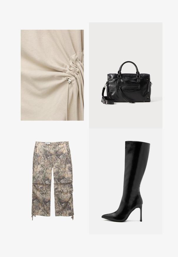 Krém szövet, amelyet egy ezüst színű fém zsinórzár ráncolt és szorított meg zsinóros részleten.; Kamu mintázatú nadrág könnyű anyagból, elasztikus derékkal, oldalsó zsebekkel és állítható húzózsinórral a bokáknál.; Fekete, térd fölötti csizma fényes bőrből, hegyes orral és karcsú stiletto sarokkal. Sima textúra, minimalista dizájnnal.; Fekete bőr kézitáska két rövid fogantyúval és levehető vállpánttal. Elülső cipzáras zsebbel és fém részletekkel rendelkezik. Texturált felület.