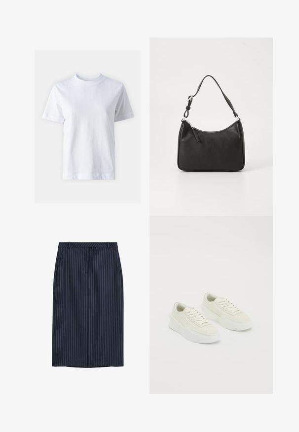 Hvit bomulls t-skjorte med rund hals, korte ermer, rett snitt og glatt tekstur. Ingen mønstre eller dekorasjoner.; Marineblå pinstripe blyantskjørt med rett snitt, frontlommer, et belte og en glatt overflate. Ingen synlige lukkinger eller fester.; Hvide lavtoppede sneakers med tykke såler og snørebånd, der har perforeret detaljering på siderne og tåområdet, præsenteret på en hvid baggrund.; Svart lærveske med en buet form, en enkelt stropp, glidelåslukking og subtil merkevarebygging på forsiden. Glatt tekstur, minimalistisk design.