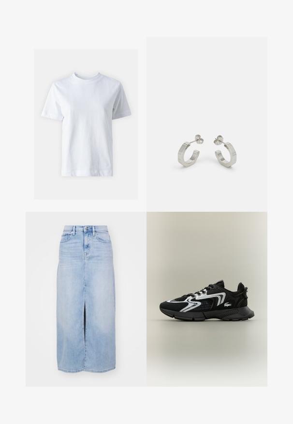 Fehér pamut póló kerek nyakkal, rövid ujjal, egyenes szabással és sima textúrával. Nincsenek minták vagy díszítések.; Világoskék farmer szoknya elöl hasítékkal, öt zsebbel és gombos záródással. Az anyag sima, enyhén kopott textúrával rendelkezik.; Fekete sportcipők hálós betétekkel, ezüst díszítésekkel és textúrált fekete borítással. Fűzővel és ívelt, masszív talppal rendelkezik.; Ezüst fém karika fülbevalók textúrált dizájnnal, kisméretű tűs záródással, és az egyik karikán márkajelzéssel. Lekerekített forma, fényes felülettel.
