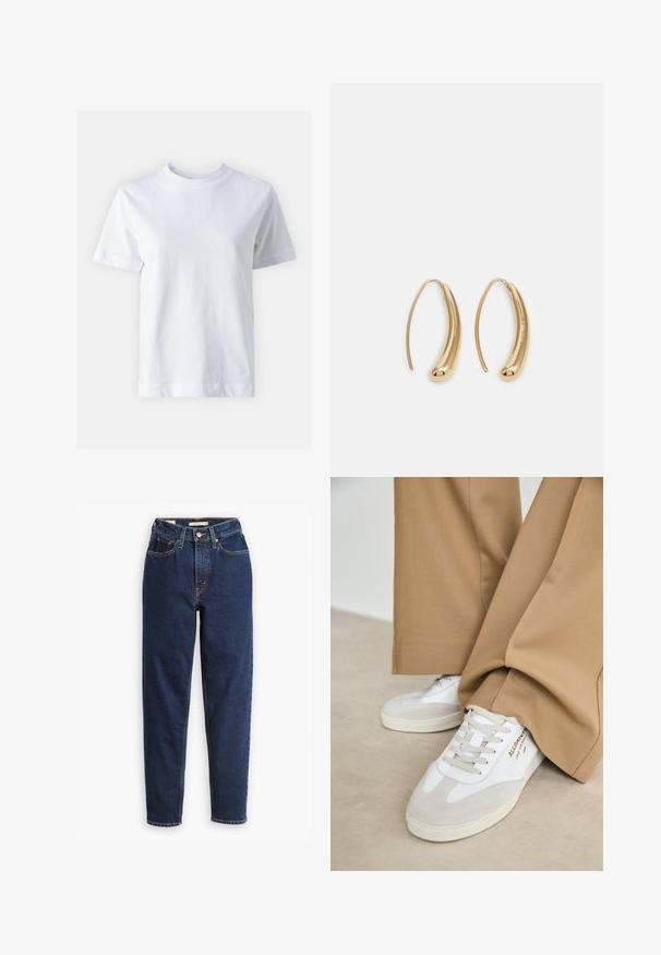T-shirt en coton blanc avec un col rond, manches courtes, coupe droite et texture lisse. Sans motifs ni embellissements.; Jean en denim bleu foncé avec une taille haute, un design à cinq poches et des jambes droites. Couture contrastée et fermeture à boutons.; Baskets blanches avec des accents en daim, des lacets texturés et une semelle en caoutchouc. Associées à un pantalon beige ample. Logo affiché sur le côté.; Boucles d'oreilles en métal doré en forme d'anneau, avec une forme courbée et allongée. Elles présentent une surface lisse et brillante avec une pointe arrondie pour un détail supplémentaire.