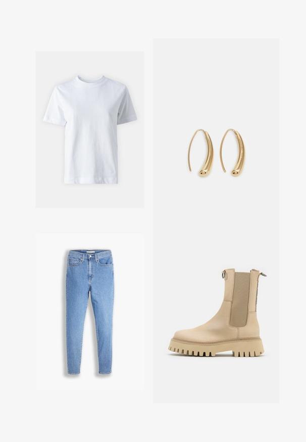 White cotton t-shirt with a crew neckline, short sleeves, a straight cut, and smooth texture. No patterns or embellishments.; Light blue high-waist slim-fit jeans with front and back pockets, button closure, and belt loops on a white background.; Bronx GROOV-Y - Platform ankle boots - camel; Gold-tone metal hoop earrings with a curved, elongated shape. Features a smooth, shiny surface and a rounded tip for added detail.
