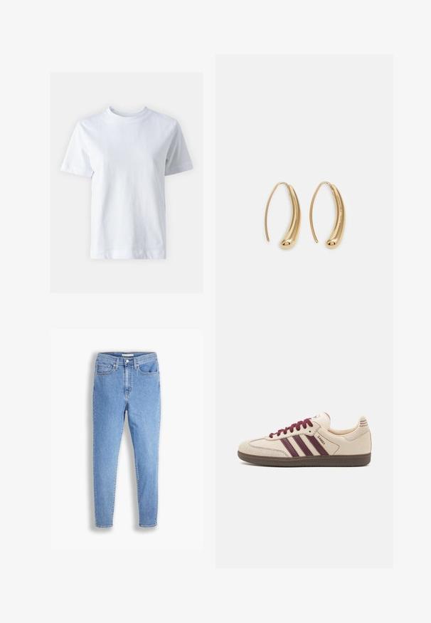 Bílá bavlněná tričko s kulatým výstřihem, krátkými rukávy, rovnym střihem a hladkou strukturou. Bez vzorů a ozdob.; Světle modré džíny s vysokým pasem a úzkým střihem, s předními a zadními kapsami, zapínáním na knoflík a poutky na pásek na bílém pozadí.; adidas Originals SAMBA OG - Tenisky - white/maroon/putty grey; Náušnice ve tvaru kruhu z pozlaceného kovu s vroubkovaným, prodlouženým tvarem. Mají hladký, lesklý povrch a zaoblený konec pro zvýraznění detailu.