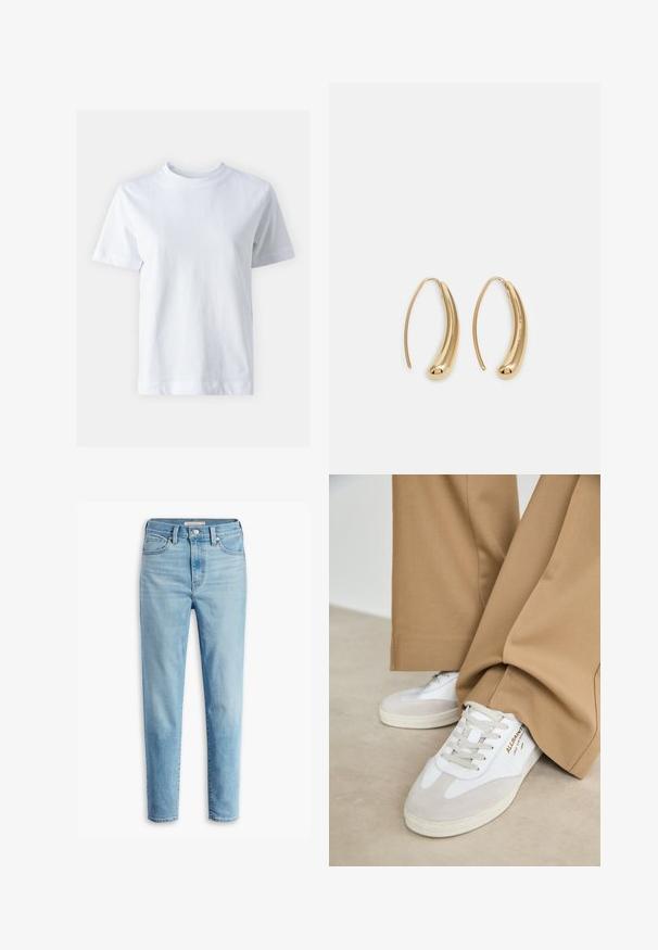 Tricou alb din bumbac, cu guler rotund, mâneci scurte, croială dreaptă și textură netedă. Fără modele sau embellishments.; Blugi din denim ușor albastru, cu talie înaltă, buzunare frontale, bucle pentru curea, închidere cu button și picioare conice, pe un fundal alb.; Adidași albi cu accente din piele de căprioară, șireturi texturate și o talpă din cauciuc. Purtați cu pantaloni largi de culoare bej. Logo-ul este afișat pe lateral.; Cercei din metal auriu, cu un design curbat și alungit. Au o suprafață netedă și strălucitoare, cu un vârf rotunjit pentru un detaliu suplimentar.