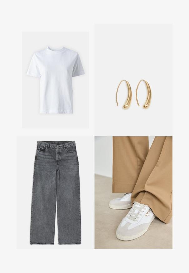 Weißes Baumwoll-T-Shirt mit Rundhalsausschnitt, kurzen Ärmeln, gerader Schnittführung und glatter Textur. Keine Muster oder Verzierungen.; Weite Jeans in dunkelgrauem Denim. Verfügt über eine hohe Taille, ein Fünf-Taschen-Design und einen Frontknopfverschluss. Glatte Textur mit subtilen Auswaschungen.; Weiße Sneakers mit Wildlederakzenten, strukturierten Schnürsenkeln und einer Gummisohle. Kombiniert mit lockeren, sandfarbenen Hosen. Logo an der Seite angebracht.; Goldfarbene Metall-Hoops mit einer geschwungenen, länglichen Form. Sie verfügen über eine glatte, glänzende Oberfläche und eine abgerundete Spitze für zusätzliche Details.