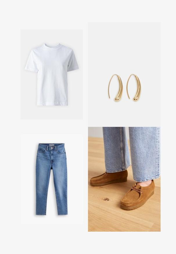 T-shirt en coton blanc avec un col rond, manches courtes, coupe droite et texture lisse. Sans motifs ni embellissements.; Jean en denim bleu clair avec une coupe droite, cinq poches, une fermeture éclair et une texture légèrement décolorée.; Chaussures en daim marron à bout rond et semelle en caoutchouc beige, présentant un design de lacets simple, associées à un pantalon en denim bleu clair.; Boucles d'oreilles en métal doré en forme d'anneau, avec une forme courbée et allongée. Elles présentent une surface lisse et brillante avec une pointe arrondie pour un détail supplémentaire.