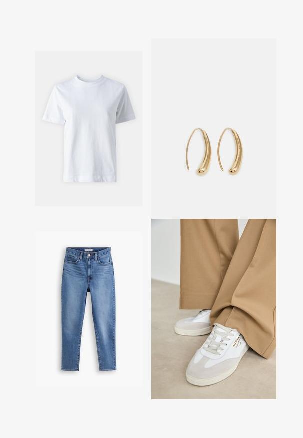 Biely bavlnený tričko s okrúhlym výstrihom, krátkymi rukávmi, rovný strih a hladkou textúrou. Bez vzorov alebo ozdôb.; Modré dámske rifle s vysokým pásom, s predným gombíkom a zipsom, pútka na opasok a dizajn s piatimi vreckami, položené na bielom pozadí.; Biele tenisky s semišovými akcentmi, textúrovanými šnúrkami a gumovou podrážkou. V páre s voľnými béžovými nohavicami. Logo zobrazené na boku.; Náušnice vo forme zlatých kovových kruhov s zakriveným, predĺženým tvarom. Majú hladký, lesklý povrch a zaoblený koniec pre pridanie detailu.