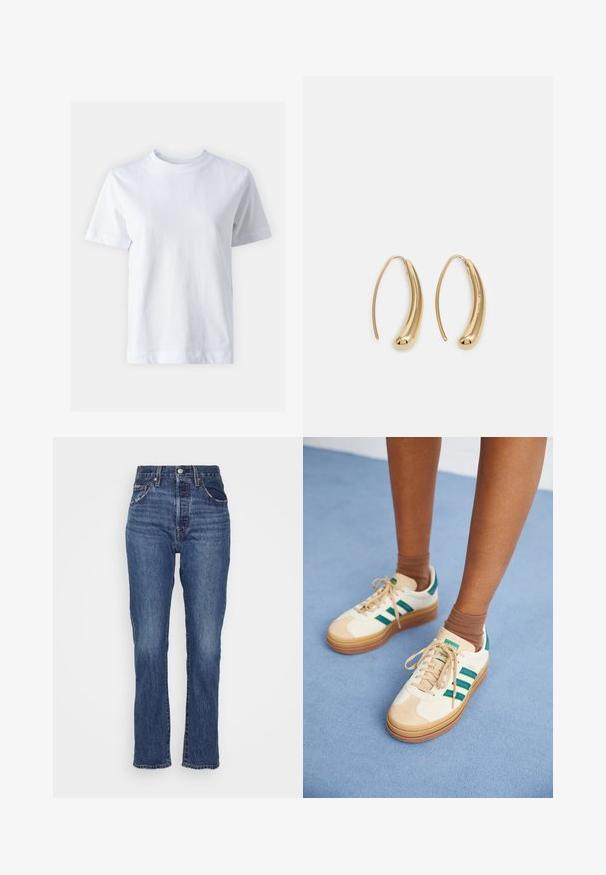 Camisa de algodão branca com decote redondo, mangas curtas, corte reto e textura suave. Sem padrões ou adornos.; Jeans de ganga azul de cintura alta com perna reta, ligeira descoloração, cinco bolsos e fecho de botão na cintura.; Ténis bege com riscas verde-escuras, sola de borracha, parte superior em camurça e têxtil, e ferragens neutras, combinados com meias castanhas sobre uma superfície azul-clara.; Brincos em metal dourado com forma de arco alongado e curvado. Apresentam uma superfície lisa e brilhante, com uma ponta arredondada para um detalhe adicional.