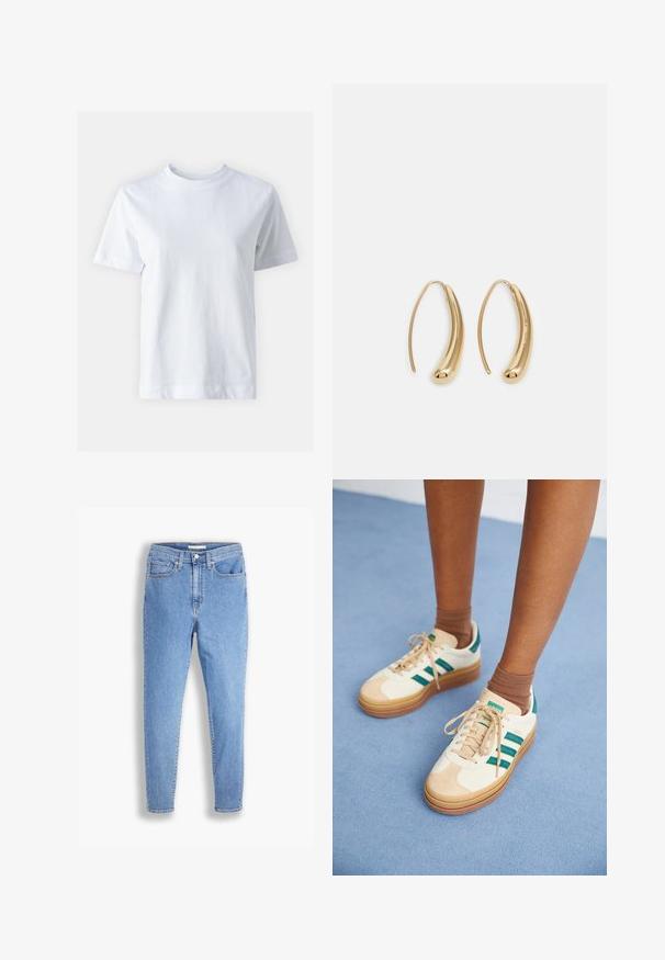 T-shirt de algodón blanco con cuello redondo, mangas cortas, corte recto y textura suave. Sin patrones ni adornos.; Jeans de mezclilla azul claro con un corte ajustado, tiro alto, diseño de cinco bolsillos, presillas para cinturón y cierre de botón.; Zapatillas color beige con rayas verde oscuro, suela de goma, parte superior de ante y textil, y accesorios en color neutro, acompañadas de calcetines marrones sobre una superficie azul clara.; Pendientes de aro de metal en tono dorado con una forma curva y alargada. Presentan una superficie lisa y brillante y una punta redondeada para mayor detalle.