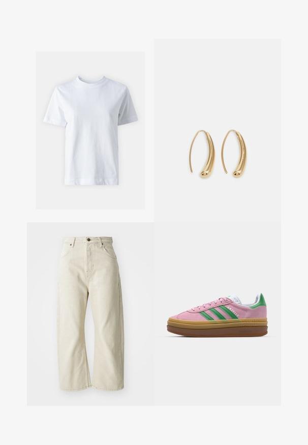 Camisa de algodão branca com decote redondo, mangas curtas, corte reto e textura suave. Sem padrões ou adornos.; Jeans largas bege feitos de denim de algodão, com uma cintura alta, cinco bolsos e uma textura ligeiramente desbotada. Fecho com botão de latão.; Ténis de camurça rosa com riscas verdes, detalhes brancos e sola de borracha castanha. Apresenta tecido texturizado e detalhes de logótipo na lateral.; Brincos em metal dourado com forma de arco alongado e curvado. Apresentam uma superfície lisa e brilhante, com uma ponta arredondada para um detalhe adicional.
