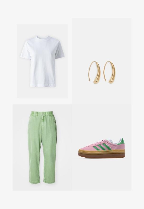 Witte katoen t-shirt met een ronde hals, korte mouwen, een rechte snit en een gladde textuur. Geen patronen of versieringen.; Lichtgroene, relaxte broek gemaakt van zachte stof. Voorzien van een knoop en een elastische tailleband, met zijzakken en taps toelopende pijpen.; Roze suede sneakers met groene strepen, witte accenten en een bruine rubberen zool. Heeft een gestructureerde stof en logodetails aan de zijkant.; Gouden metalen oorbellen in de vorm van een gebogen, verlengde hoop. Kenmerkend zijn het gladde, glanzende oppervlak en de afgeronde punt voor extra detail.