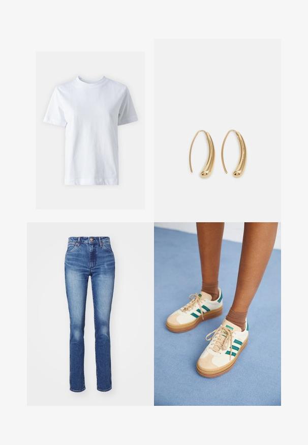 T-shirt de algodón blanco con cuello redondo, mangas cortas, corte recto y textura suave. Sin patrones ni adornos.; Jeans de mezclilla azul con un ajuste recto, cintura alta y un desgastado sutil. Presenta un cierre de botón y un diseño clásico de cinco bolsillos. La textura es suave.; Zapatillas color beige con rayas verde oscuro, suela de goma, parte superior de ante y textil, y accesorios en color neutro, acompañadas de calcetines marrones sobre una superficie azul clara.; Pendientes de aro de metal en tono dorado con una forma curva y alargada. Presentan una superficie lisa y brillante y una punta redondeada para mayor detalle.