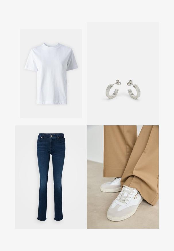 Valge puuvillane T-särk, ümar kaelus, lühikesed varrukad, sirge lõige ja sile tekstuur. Ilma mustrite ja kaunistusteta.; Tumed sinised teksapüksid, kõrge vöökoht ja kitsas lõikega, ees kinnitatavad nupuga ning diskreetsed tikandid taskutel.; Valged tenniset jalatsid, millel on nahast aksendid, tekstuuriga nöörid ja kummist talla. Kõrvuti laia tan värvi pükstega. Logo on külje peal.; Hõbedased metallist rõngakõrvarõngad tekstureeritud kujundusega, millel on väike kinnituskate ja bränding ühel rõngal. Ümar kuju ja poleeritud viimistlus.