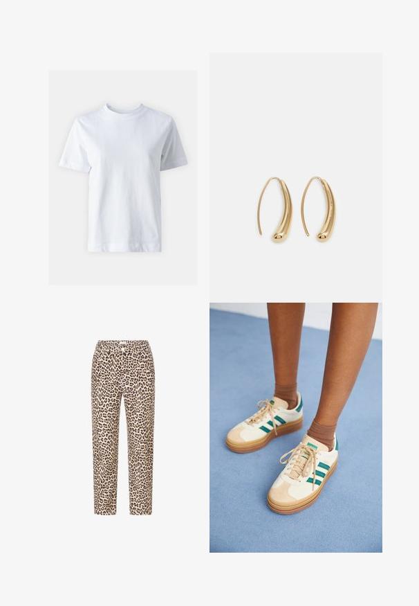 Valge puuvillane T-särk, ümar kaelus, lühikesed varrukad, sirge lõige ja sile tekstuur. Ilma mustrite ja kaunistusteta.; Leopardimusteriga püksid on tan värvi taustaga, millel on mustad laigud, sirge lõikega ning klassikalise vöökohaga, millel on ees nööp sulgemiseks.; Beezid kingad tumeroheliste triipudega, kummitald, samet- ja tekstiilülemine ning neutraalne riistvara, koos pruunide sokkidega helesinisel pinnal.; Kuldtoonilised metallist rõngas kõrvarõngad, millel on kõver ja piklik kuju. Omavad siledat, läikivat pinda ja ümarat tipptugevdust, mis lisab detaili.