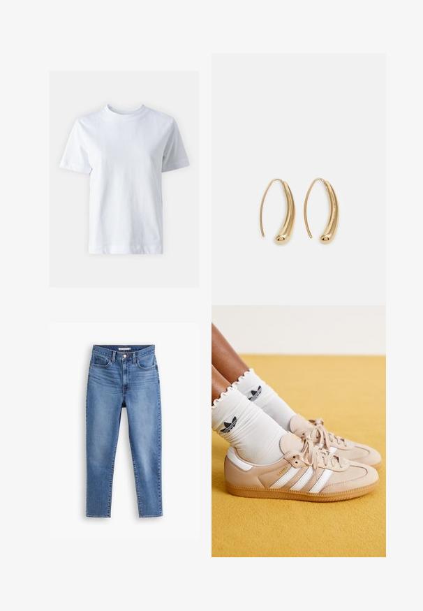 Hvit bomulls t-skjorte med rund hals, korte ermer, rett snitt og glatt tekstur. Ingen mønstre eller dekorasjoner.; Blå høytlivte damejeans med frontknapp og glidelås, beltehemper og femlommers design, flatt på hvit bakgrunn.; Beige lærersneakers med hvite striper og gullmerke, kombinert med hvite rynkede sokker med svart logo. Teksturert gummisåle.; Gullfargede metalløredobber med en buet, forlenget form. Har en jevn, blank overflate og en avrundet tupp for ekstra detaljer.