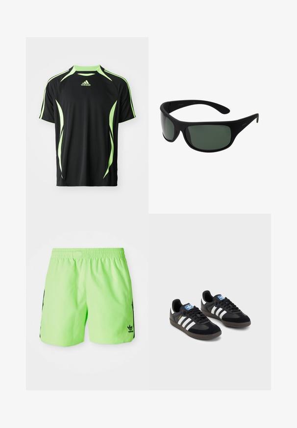 Juodas sportinis marškinėliai trumpomis rankovėmis, su žaliais akcentais ir kreivais šonų paneliais. Pagaminti iš lengvos, kvėpuojančios medžiagos.; Neon žalios sportinės šortai su elastine juosta ir juodais šonais. Apatinėje dešinėje pusėje yra mažas juodas logotipas.; Juodi sportiniai bateliai su zomšos ir sintetine viršutine dalimi, turintys tris baltas juosteles, tekstūruotą gumos pado paviršių ir mėlyną logotipo etiketę ant liežuvėlio.; Juodos apskrito tipo saulės akinių rėmas su tamsiai žaliais lęšiais. Matinis paviršius, kreivai suformuota konstrukcija, tiesios namos ir subtilus prekės ženklas šone.