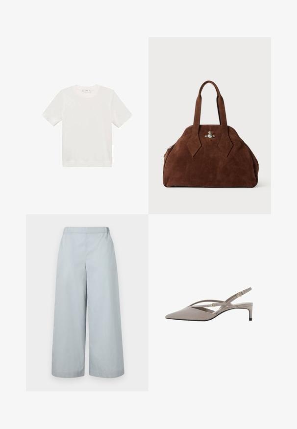 Bela kratka majica s kratkimi rokavi iz mehke tkanine, ki ima okroglo ovratnico in preprost, minimalističen dizajn brez vidnih vzorcev ali poudarkov.; MM ANTILLE - Hlače - light blue; Bež sandale na visoki peto s izostrenim nosom, tankimi križnimi naramnicami in kratkim stiletto peto. Gladek material z zasebnimi zlatimi detajli.; Rjav sueden torbica s strukturovano obliko, zaobljeno telo in podolgovat diamanten ročaj. Ima srebrno kovinsko zapiranje.