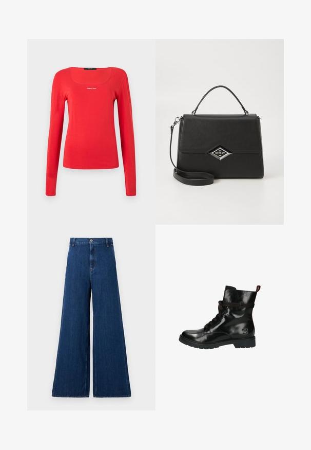 Replay SQUARED NECK - Maglietta a manica lunga - red; Replay PANTS - Jeans a sigaretta - dark blue; Stivale alla caviglia in pelle nera con finitura lucida, punta rotonda, allacciatura frontale e accenti borgogna a contrasto su lacci e collare. Suola in gomma resistente.; Borsa sintetica nera con un design strutturato, manico superiore, tracolla rimovibile e logo a forma di diamante argento sul davanti.