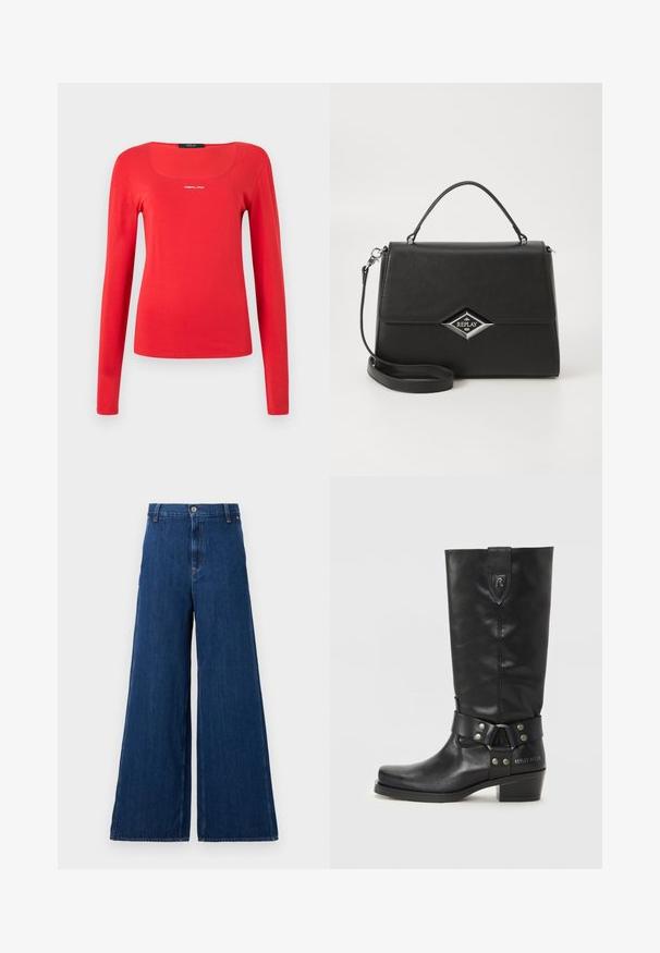 Replay SQUARED NECK  - Bluză cu mânecă lungă - red; Replay PANTS - Blugi drepți - dark blue; Bocanci din piele neagră, până la genunchi, cu vârf rotund, o curea cu detalii din metal argintiu și un toc mic, tip călărie. "REPLAY MFG. CO" gravat pe lateral.; Geantă sintetică neagră, cu un design structurat, mânere superioare, curea de umăr detașabilă și logo argintiu în formă de diamant pe față.