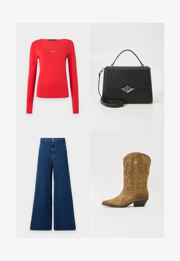 Replay SQUARED NECK  - Topper langermet - red; Replay PANTS - Jeans straight leg - dark blue; Brune semsket cowboystøvel med spiss tå, intrikate hvite sømmer og skrå hæl. Har dekorativt design på skaftet og toppmerke.; Svart syntetisk håndveske med strukturert design, topphåndtak, avtakbar skulderstropp og sølvfarget, diamantformet logo på fremsiden.