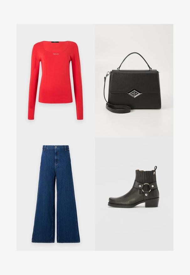 Replay SQUARED NECK - Hosszú ujjú felső - red; Replay PANTS - Egyenes szárú farmer - dark blue; Fekete bőr bokacsizma kerek orral, bordázott elasztikus oldalakkal, fényes gyűrű díszítéssel és alacsony tömbsarkúval.; Fekete szintetikus táska struktúrált dizájnnal, felső fogantyúval, levehető vállpánttal és ezüst színű, gyémánt alakú logóval az elején.