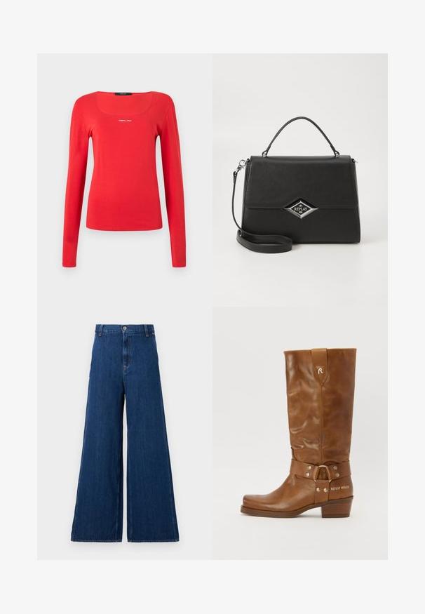 Replay SQUARED NECK - Camiseta de manga larga - red; Replay PANTS - Vaqueros rectos - dark blue; Bota marrón de cuero hasta la rodilla con un diseño holgado, que presenta una correa con herrajes de metal y un tacón ancho. Texto "REPLAY MFG.CO" en el lateral.; Bolso de mano sintético negro con un diseño estructurado, asa superior, correa de hombro desmontable y logotipo en forma de diamante plateado en el frente.